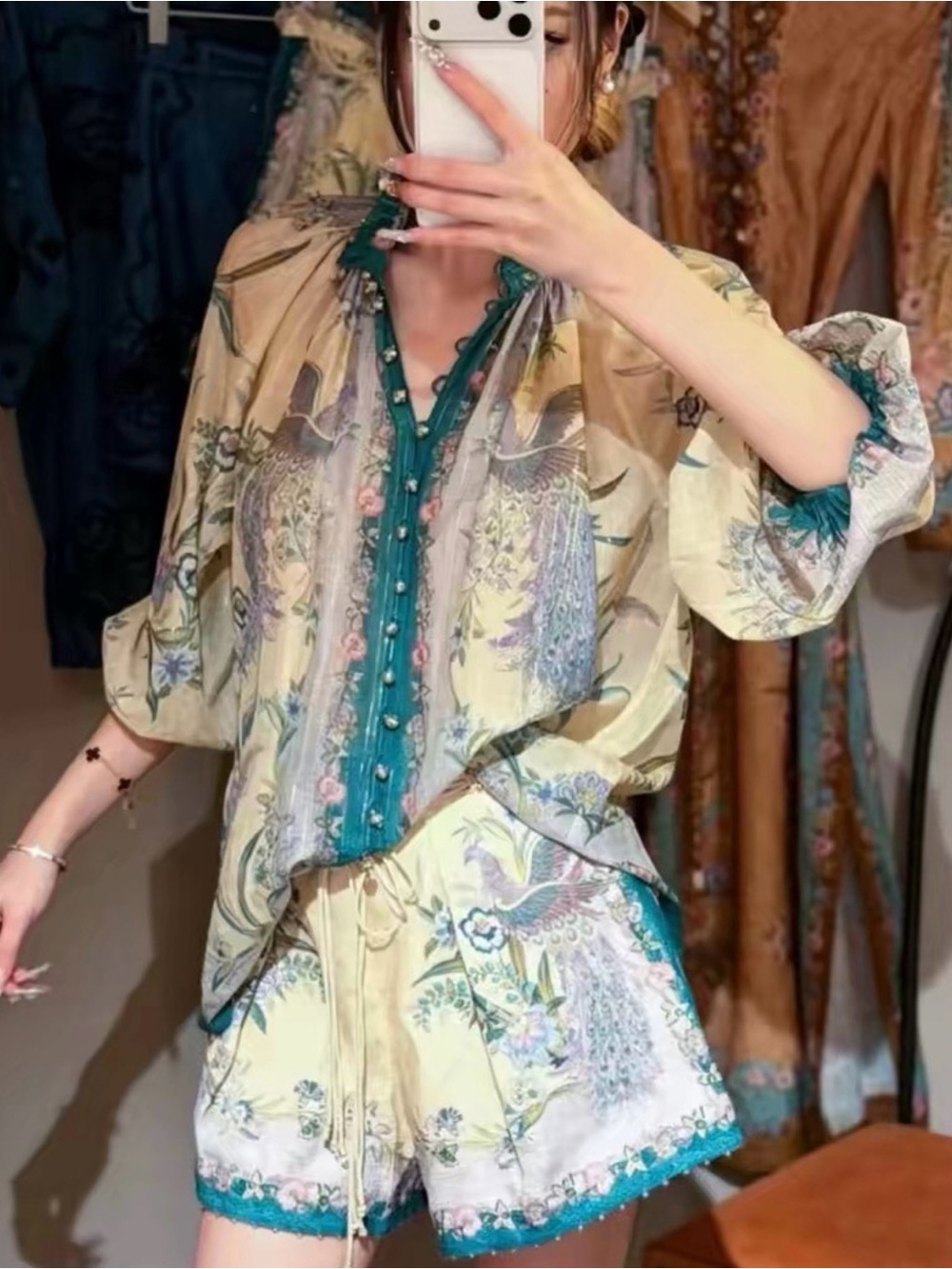 Zimmermann Cream Floral Button-Down Blouse and shorts